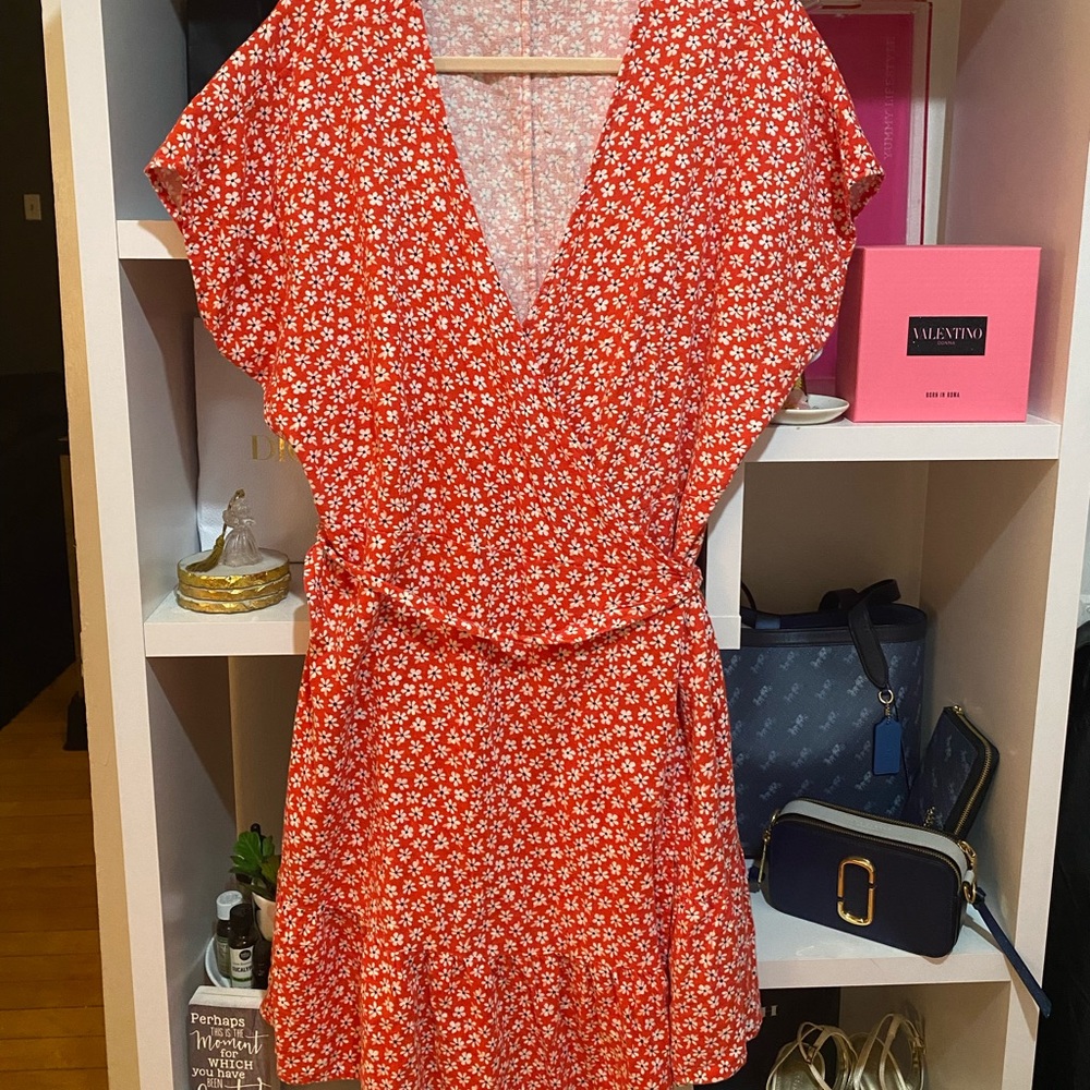 Red floral wrap dress